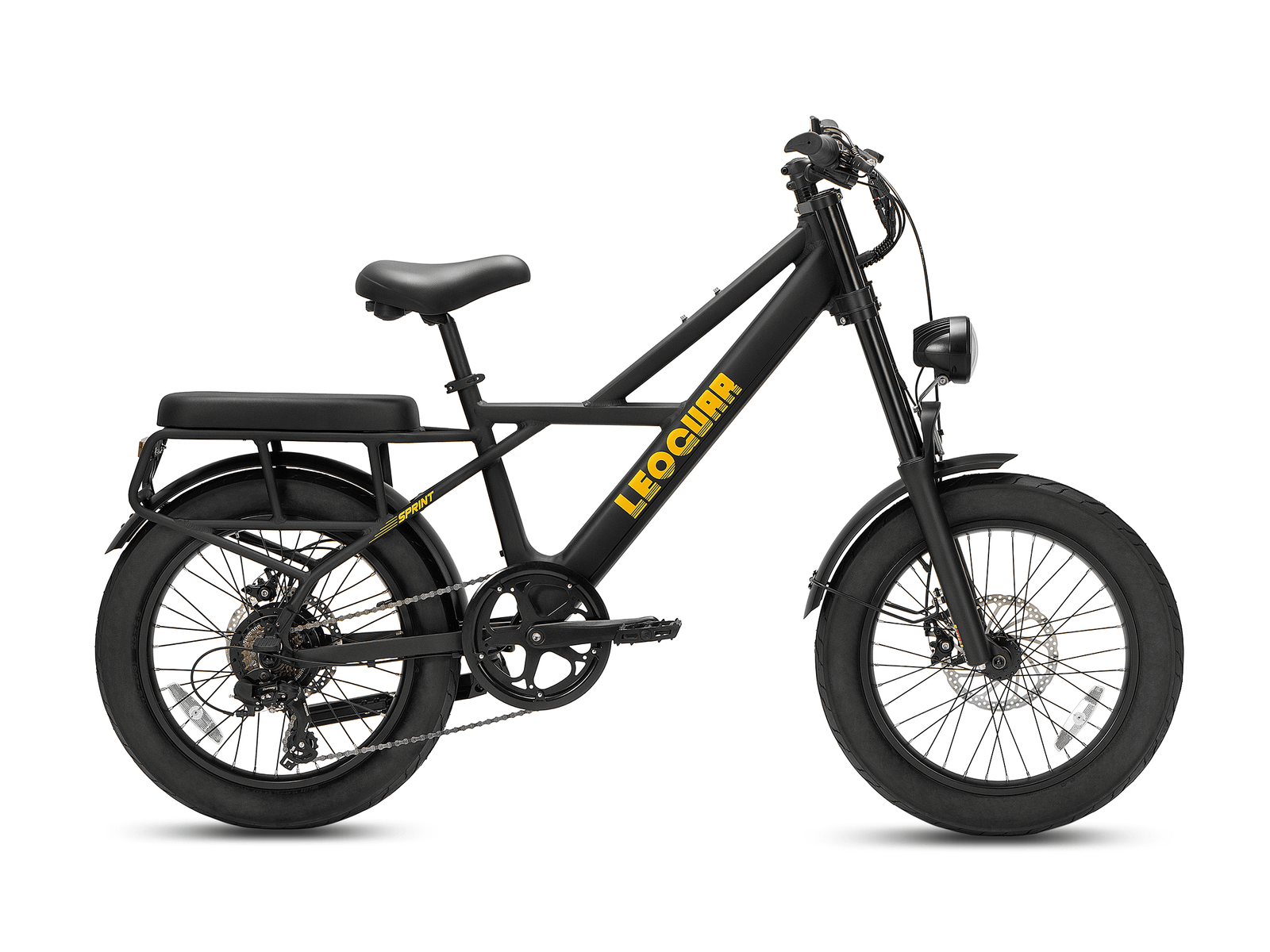Sprint Fat Tire Utility Ebike in black with oversized tires and a rear cargo mount for versatile transportation.
