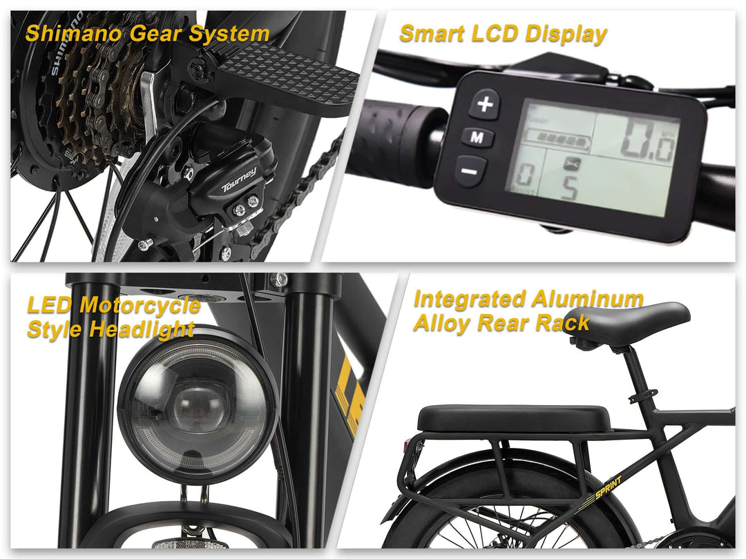 Close-up features of Sprint Fat Tire Utility Ebike including Shimano Gear System, Smart LCD Display, LED Headlight, and Rear Rack.