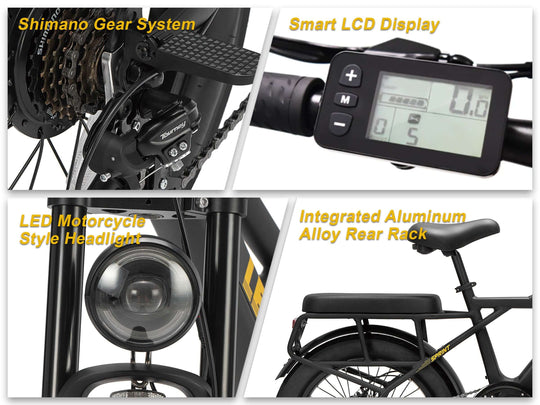 Close-up features of Sprint Fat Tire Utility Ebike including Shimano Gear System, Smart LCD Display, LED Headlight, and Rear Rack.