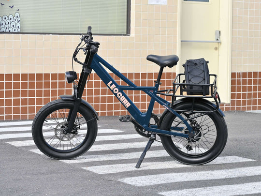 Sprint Fat Tire Utility Ebike parked on a street with oversized tires and rear cargo rack.