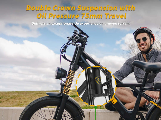 Double Crown Suspension with Oil Pressure 75mm Travel on Sprint Fat Tire Utility Ebike for smooth rides on uneven terrain.