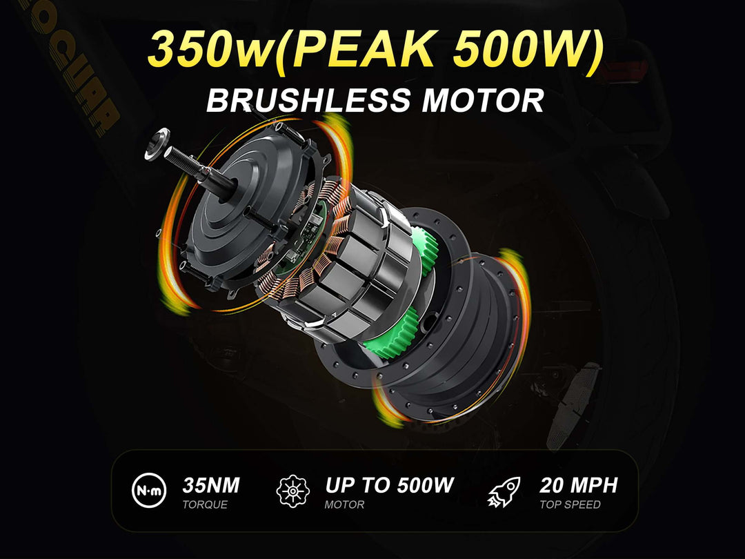 Brushless motor specifications for the Sprint Fat Tire Utility Ebike with 350w peak power and 20 mph top speed.