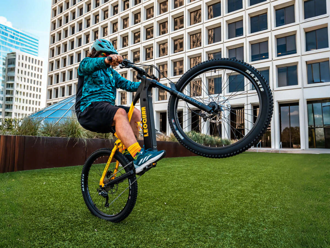 Rider wheelie on Trailblazer off-road ebike