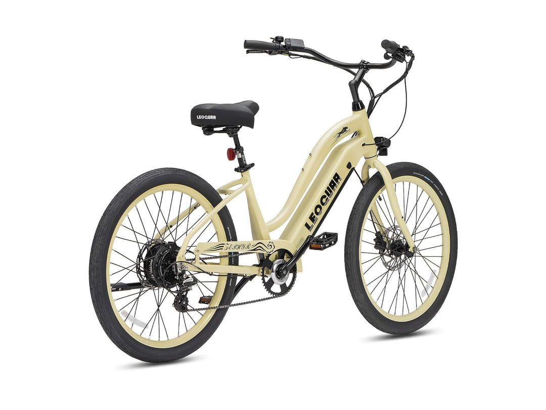 beach cruiser electric bicycle Leoguar Zephyr ST Beach Cruiser Ebike, 500W Motor, Extra-Wide Saddle, Comfortable Electric Bike for Beach, Dawn Blossom