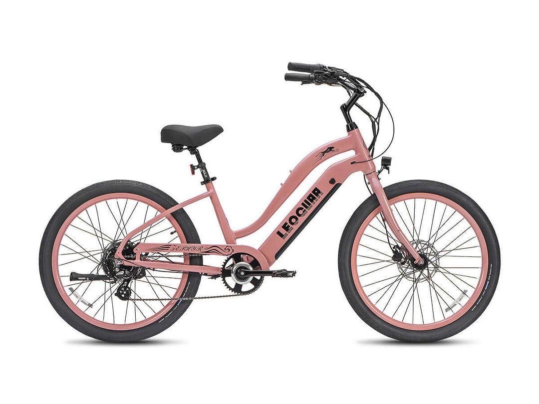 Side profile of a dusty pink Zephyr ST electric cruiser bike with bold black Leoguar branding.