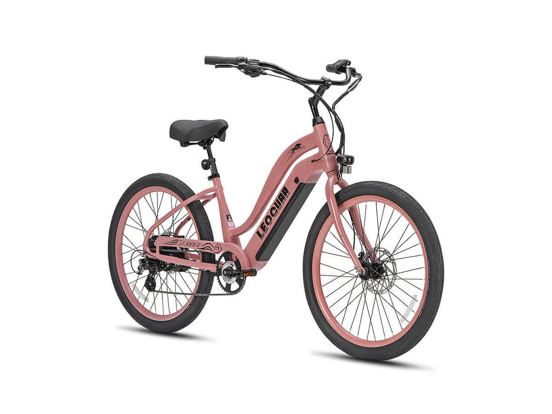 Front-side perspective of a dusty pink Zephyr ST electric bike showing the elegant frame and disc brakes.