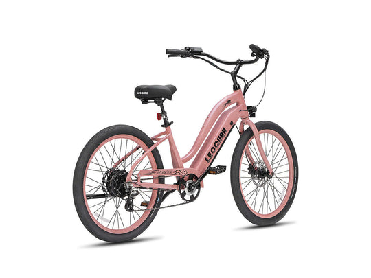 Rear-side view of a dusty pink Zephyr ST e-bike highlighting the chain system and comfort saddle.