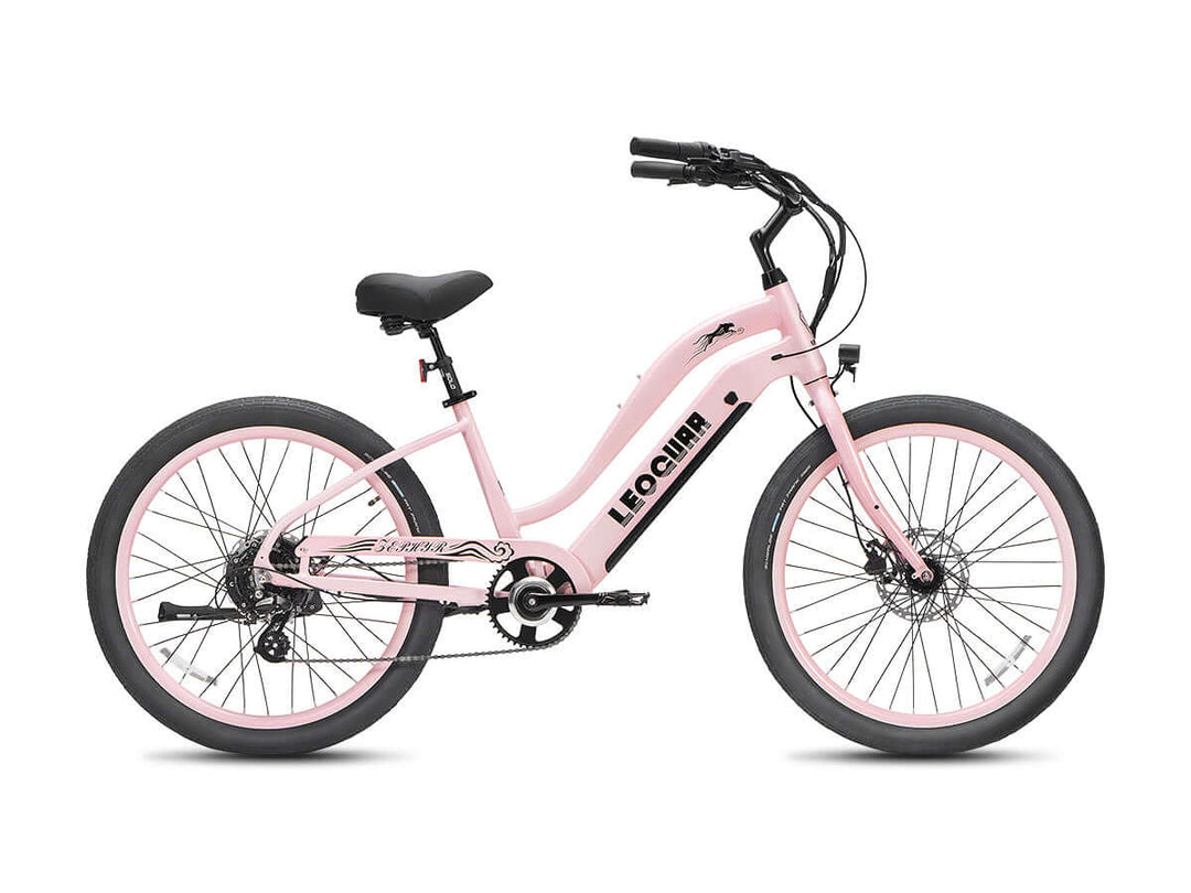 Zephyr ST cruiser ebike in soft pink, left side view on white background

