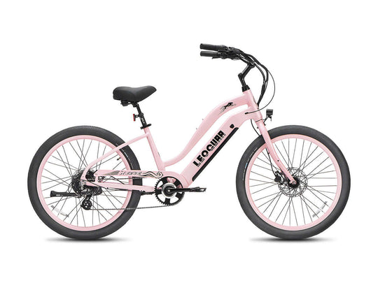 Zephyr ST cruiser ebike in soft pink, left side view on white background

