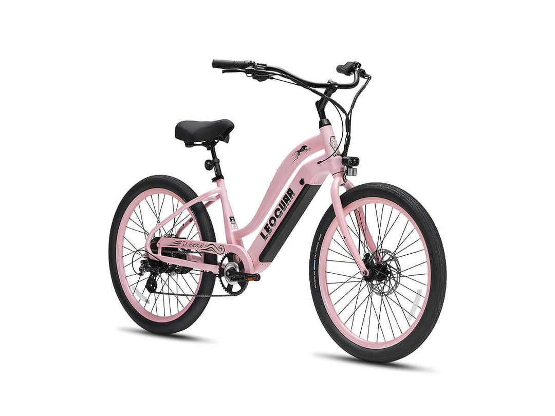 Light pink Zephyr ST beach cruiser ebike, angled front perspective