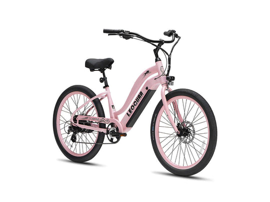 Light pink Zephyr ST beach cruiser ebike, angled front perspective