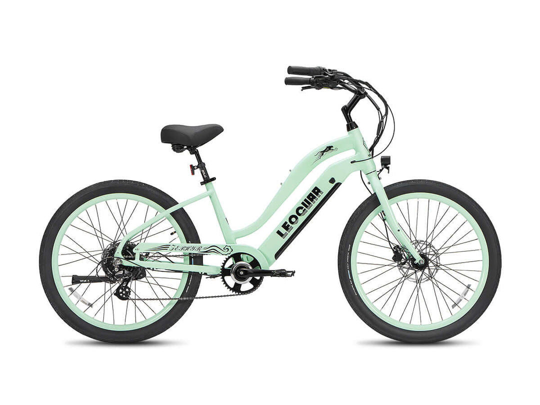Mint green Zephyr ST cruiser ebike, flat side view on white background