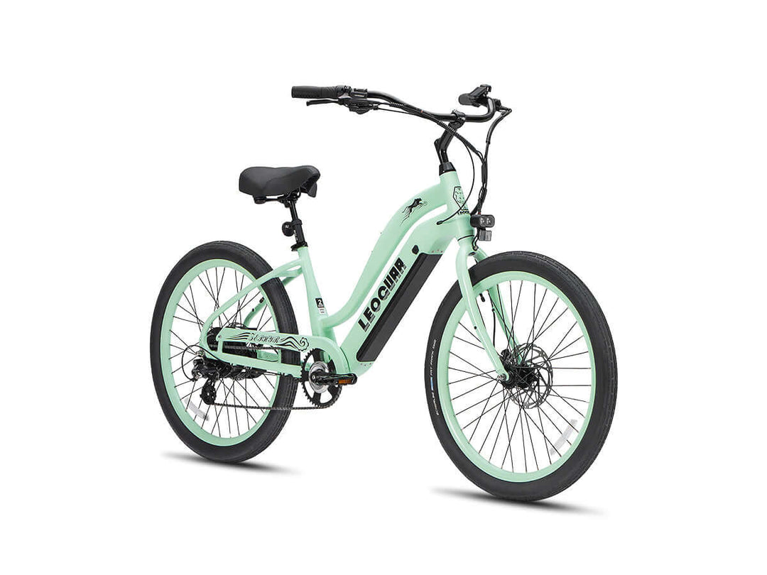 Zephyr ST ebike in mint green, angled front profile with step-through frame