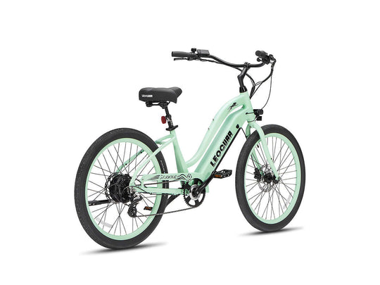 Side view of a mint green Leoguar Zephyr ST electric cruiser bike against a white background.