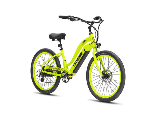 LEOGUAR beach cruiser e-bike neon green front angle view