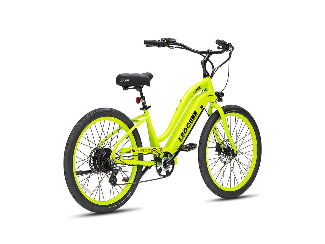 LEOGUAR beach cruiser e-bike neon green rear angle view