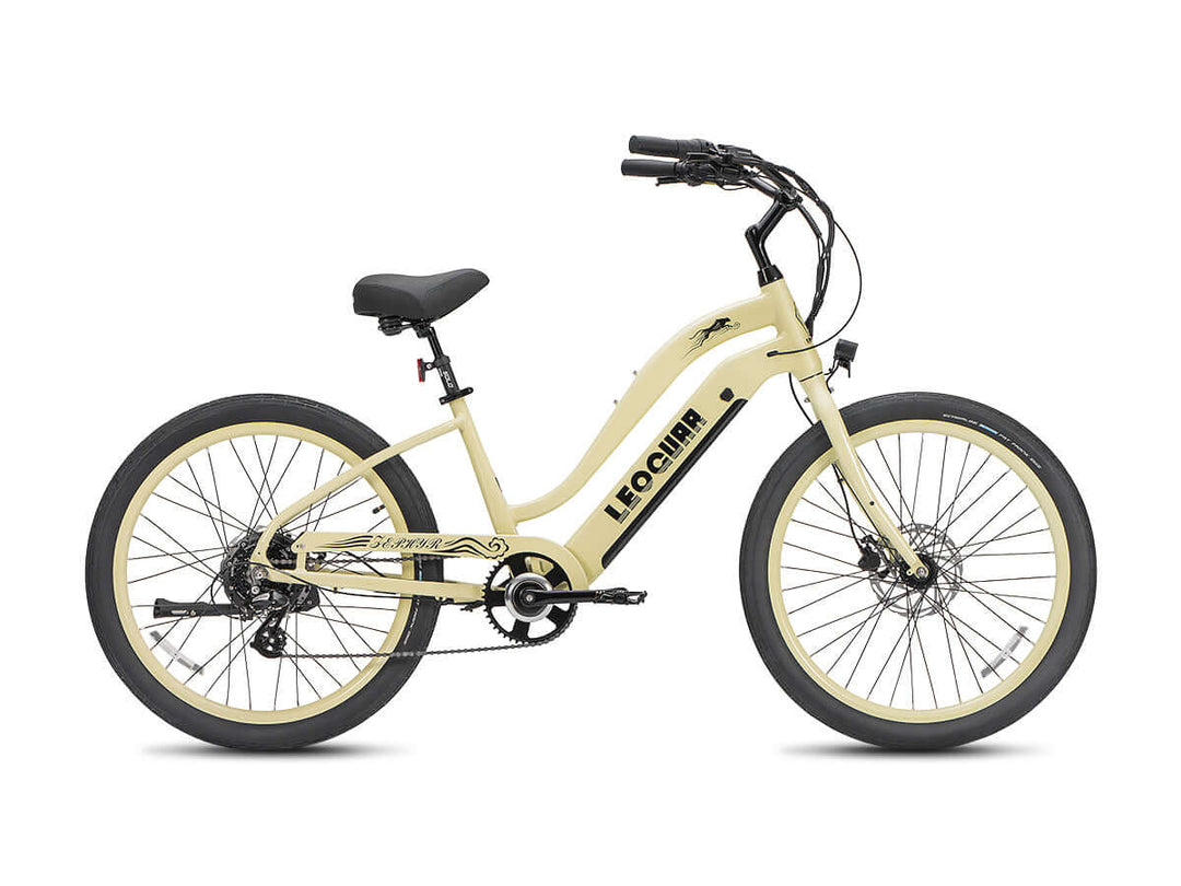 Side view of a cream Zephyr ST cruiser-style electric bike against a white background.