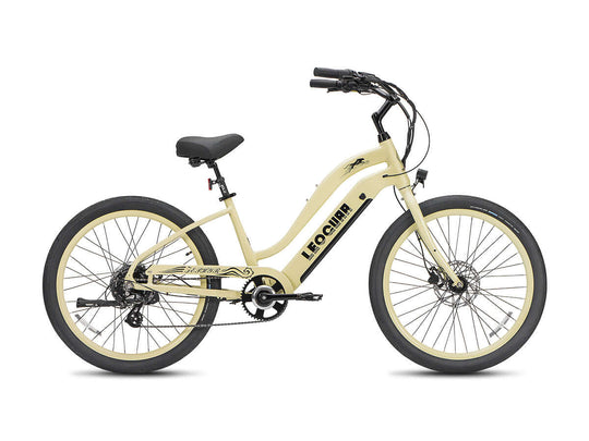 Side view of a cream Zephyr ST cruiser-style electric bike against a white background.