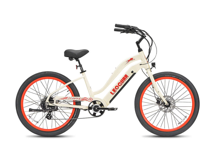 Zephyr ST beach cruiser ebike in beige with red rims, side profile on white background