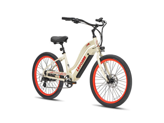 Beige Zephyr ST cruiser ebike with red rims, angled front view on white background