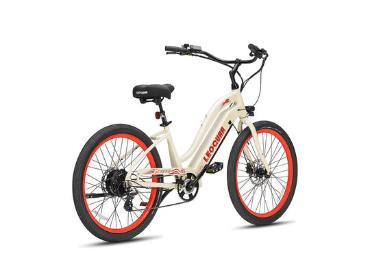 Zephyr ST beach cruiser ebike in beige with rear angle view and wide seat