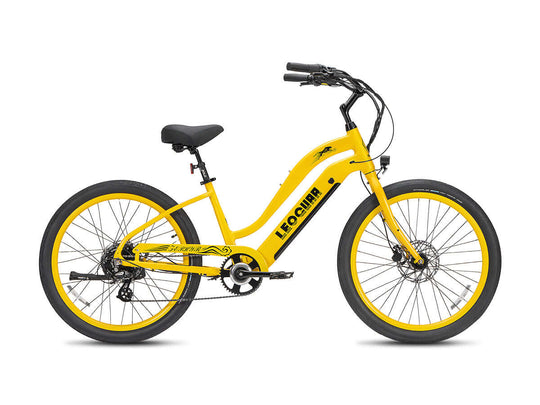 Side profile of a bright yellow Zephyr ST electric bike with black accents and cruiser-style frame.