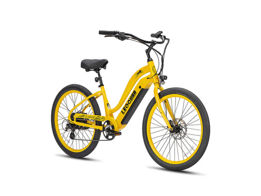 Front-side angle of the yellow Zephyr ST e-bike, showcasing the integrated battery and swept-back handlebars.

