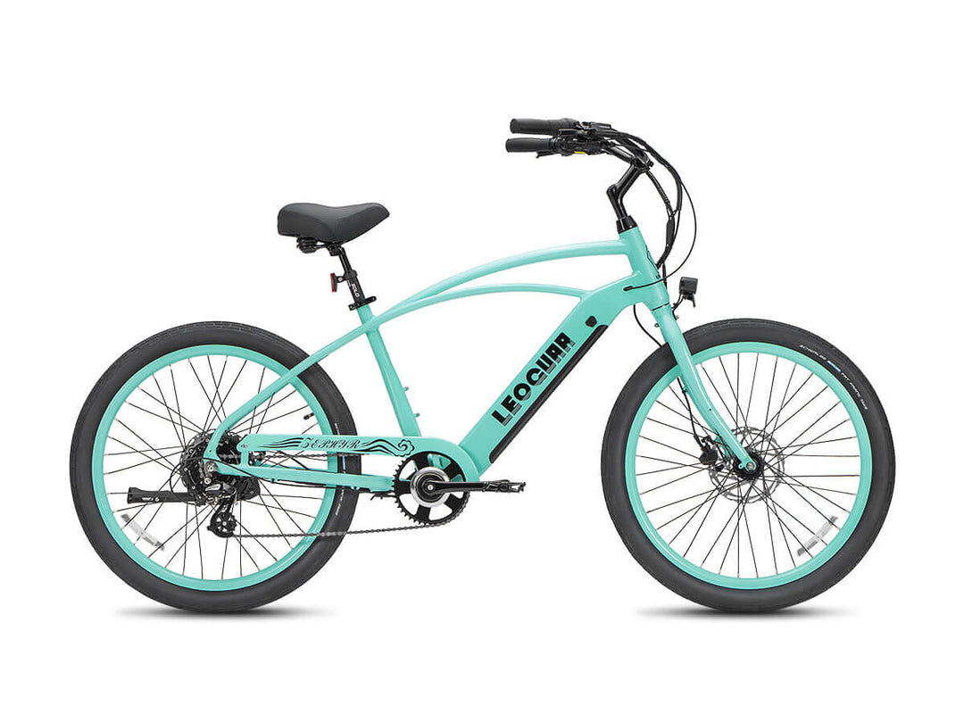 Studio view of green Zephyr ST step-through cruiser ebike