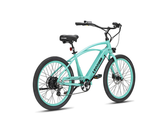 Studio side view of teal Zephyr ST cruiser-style step-through electric bike
