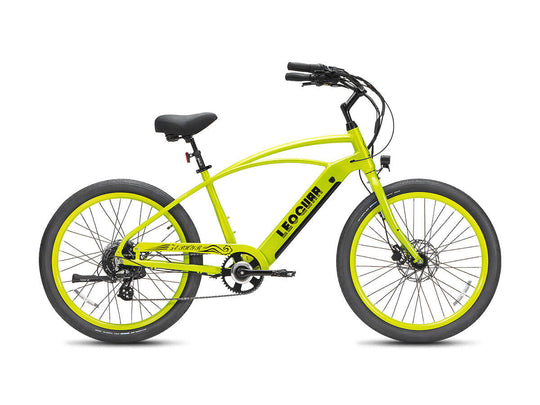 Studio side view of lime green Zephyr SO beach cruiser electric bike with upright handlebars