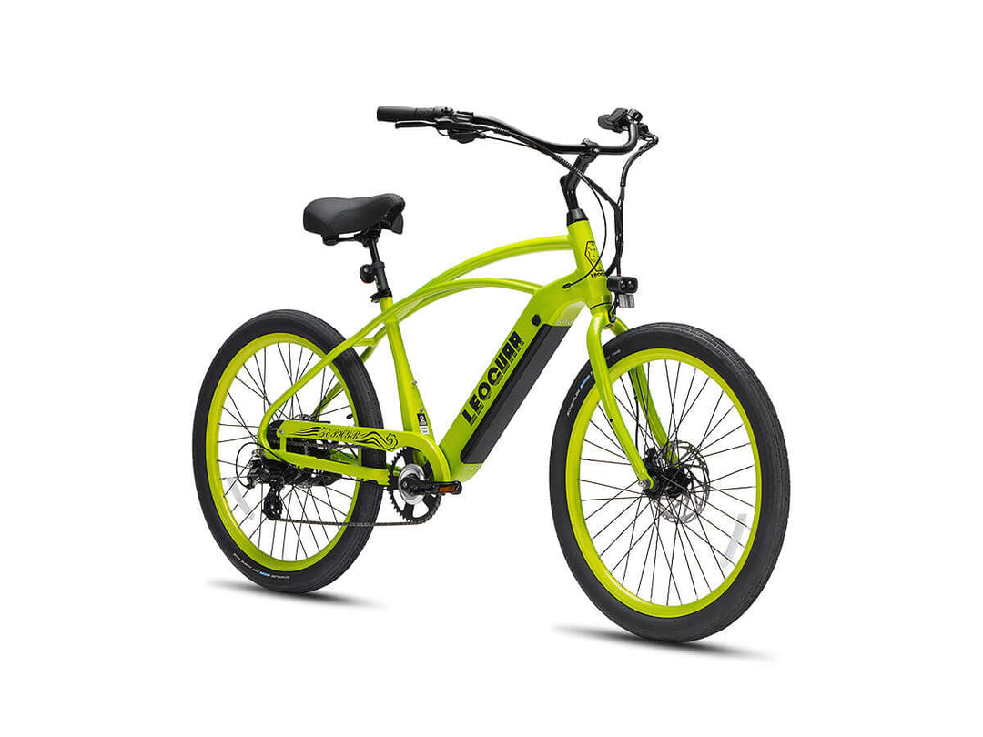 Angled studio view of lime green Zephyr SO cruiser e-bike showing battery and frame design