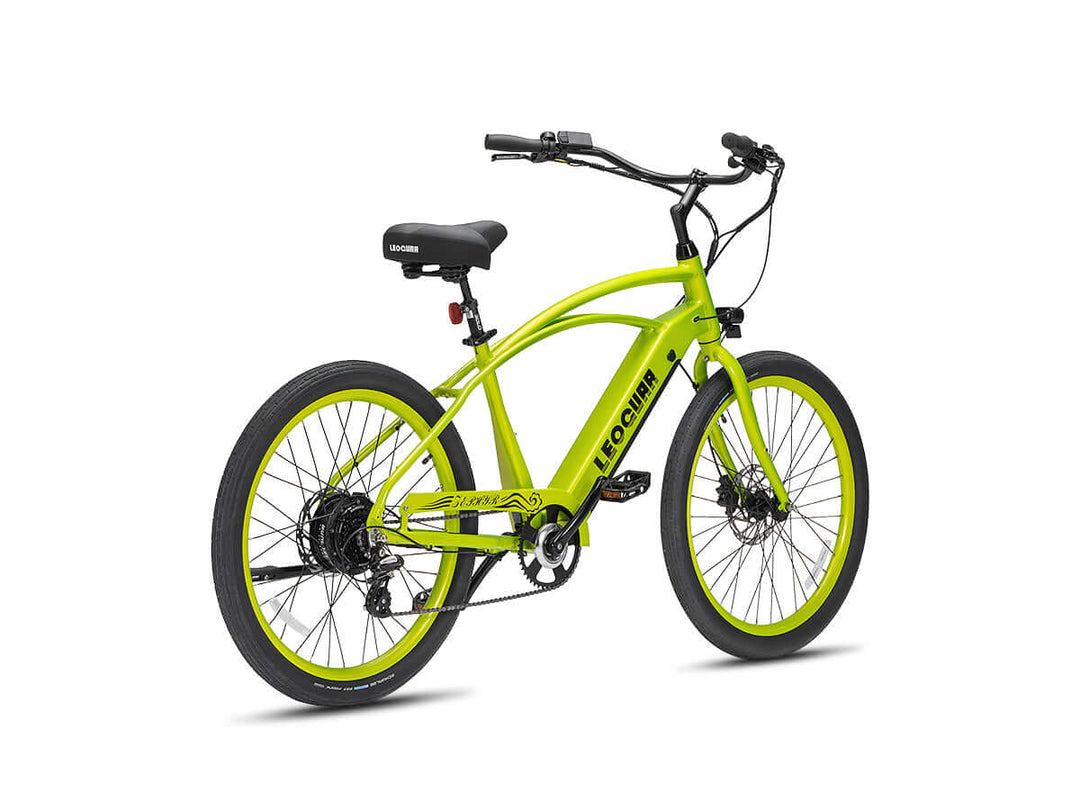 Rear-side studio view of lime green Zephyr SO electric beach cruiser with swept-back handlebars

