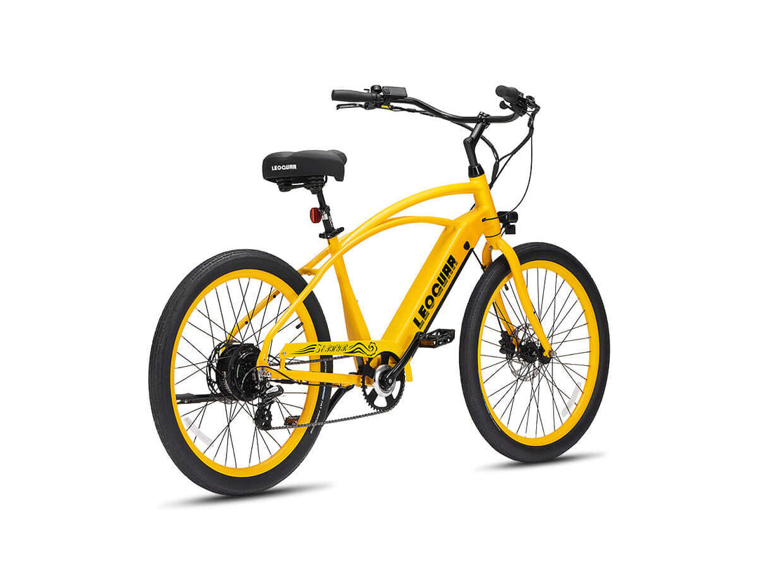 Left-side studio view of yellow Zephyr SO electric cruiser with comfort saddle