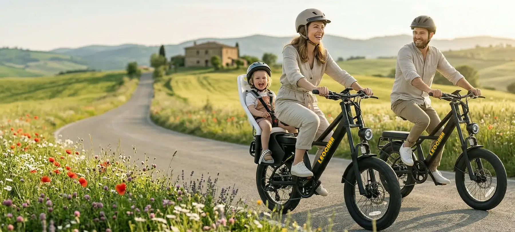 parents riding electric bikes with kid safely