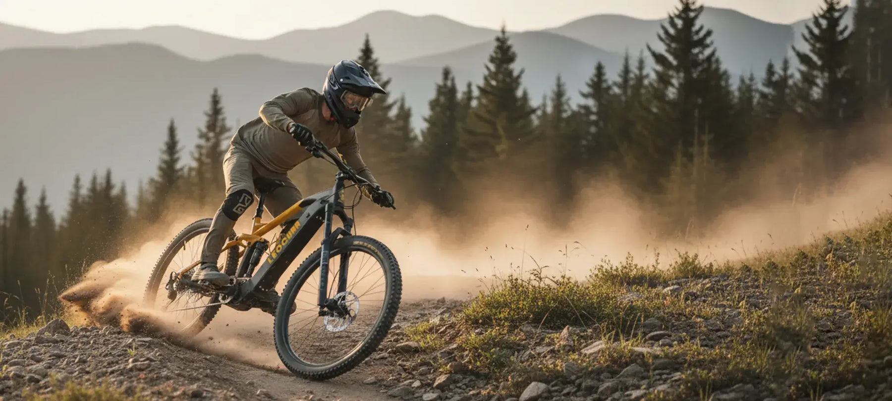 mid drive electric mountain bike on dirt trail